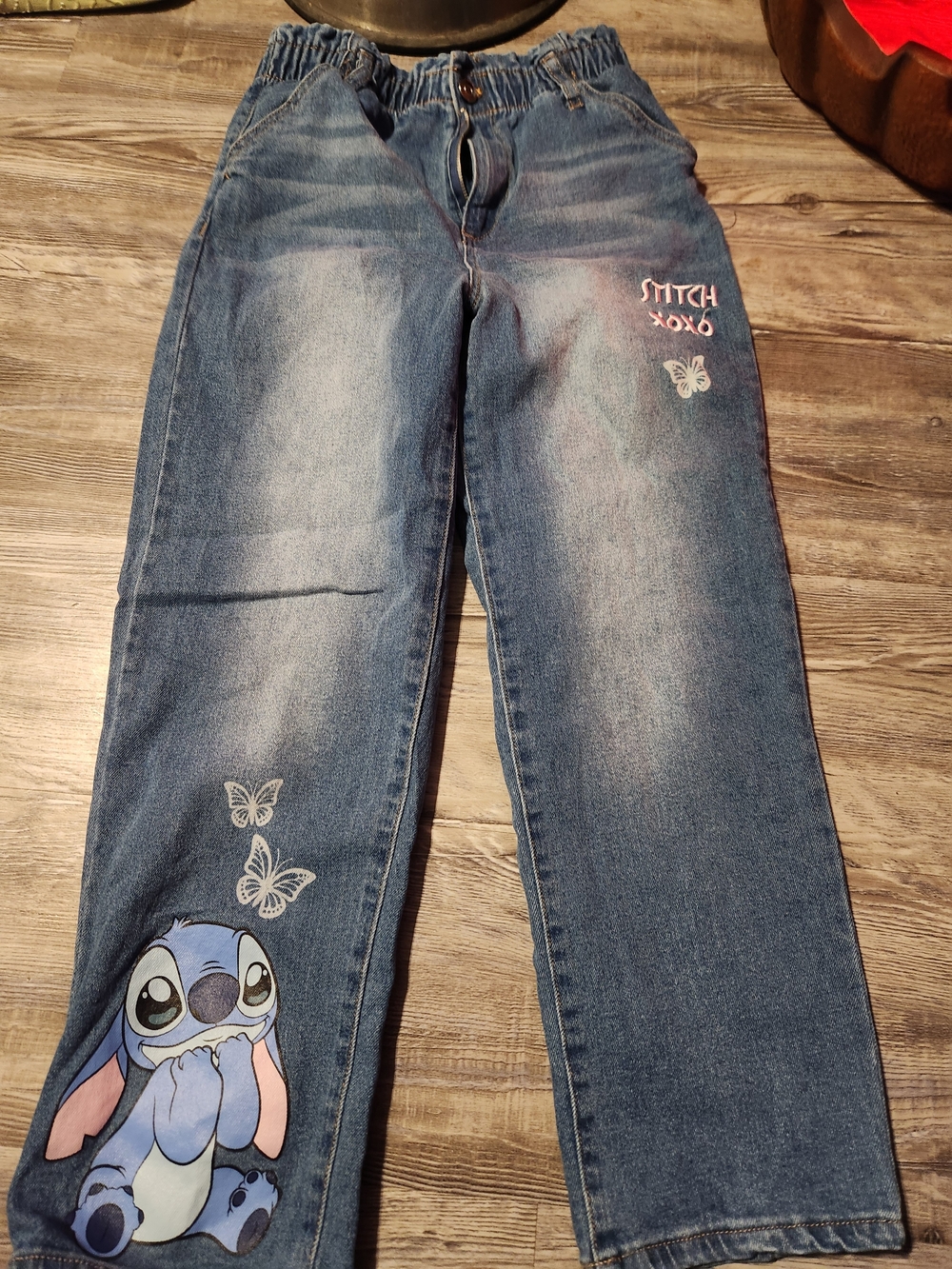 Disney Blue Denim Straight-Leg Jeans with Stitch and Butterfly Prints